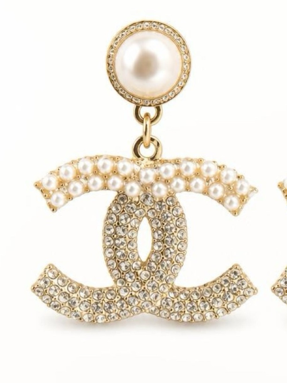 Beautiful Gold-tone Pearl & Crystal Rhinestone CC Drop Earrings - Picture 4 of 6